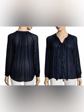 Romeo & Juliet Couture Sheer Pleated Tie Neck Button Front Top In Blue Size M